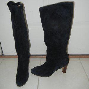 Black Suede 8M Italian Made All Leather Heeled Knee High Boots Full Zip
